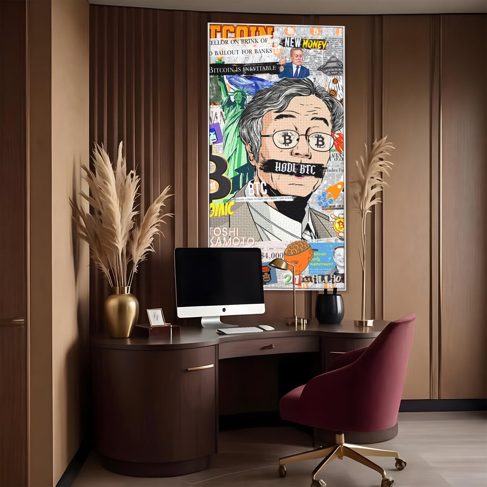 Tablou canvas cu tablou canvas cu portret stilizat bitcoin si satoshi, in rama de aluminiu argintiu, pe perete intr-un birou